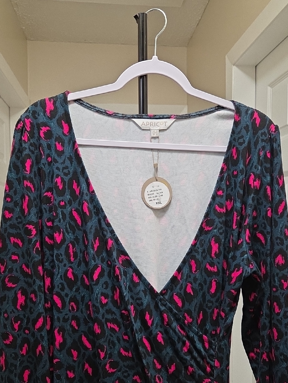 NWT APRICOT Black Pink Leopard Print Wrap Dress Plus Size Long Sleeve Ruched - Picture 5 of 12